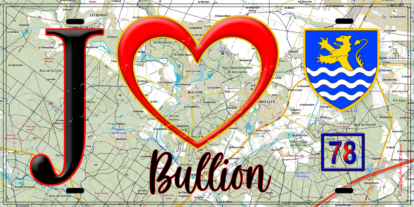 Plaque métal décorative  J' ❤️ Bullion, Yvelines (78) fond carte