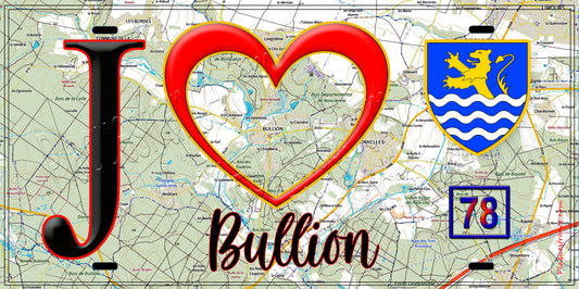 Plaque métal décorative  J' ❤️ Bullion, Yvelines (78) fond carte