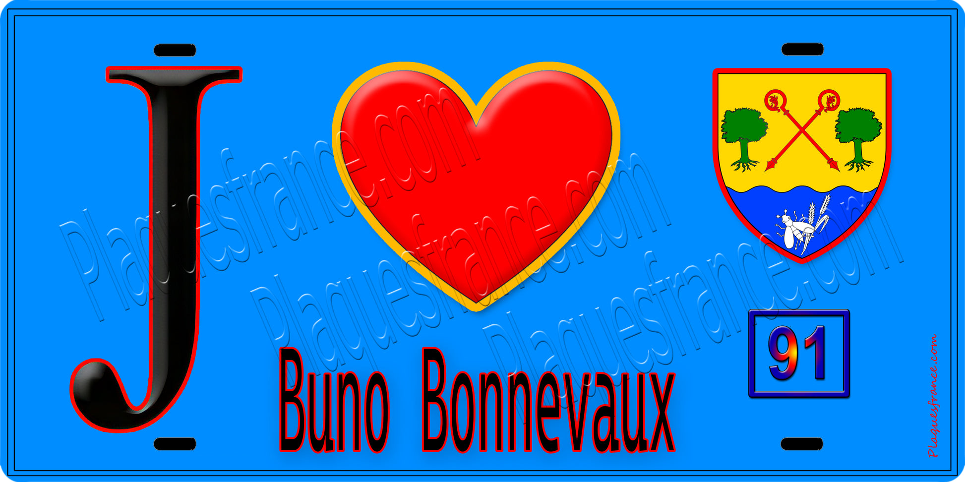 Plaque métal décorative  J' ❤️Buno-Bonnevaux, Essonne (91) fond bleu