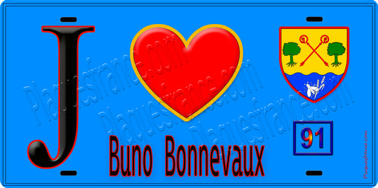 Plaque métal décorative  J' ❤️Buno-Bonnevaux, Essonne (91) fond bleu