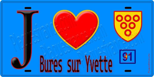 Plaque métal décorative  J' ❤️Bures-sur-Yvette, Essonne (91) fond bleu