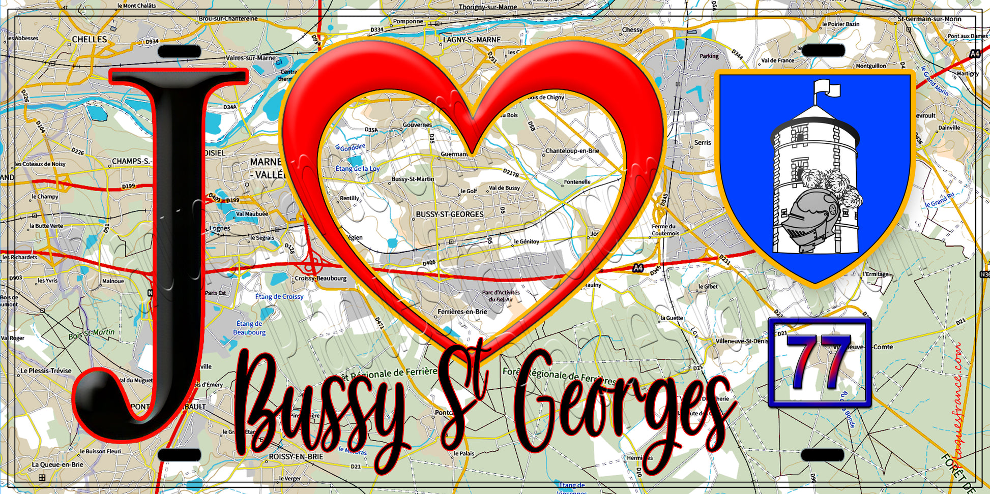 Plaque métal décorative  J' ❤️Bussy-Saint-Georges, Seine et Marne (77) fond carte