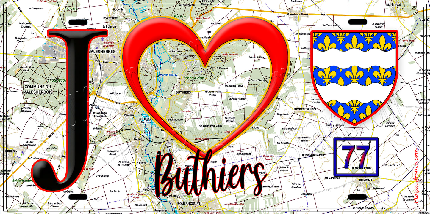 Plaque métal décorative  J' ❤️Buthiers, Seine et Marne (77) fond carte
