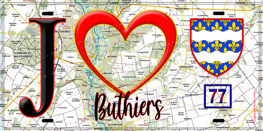 Plaque métal décorative  J' ❤️Buthiers, Seine et Marne (77) fond carte