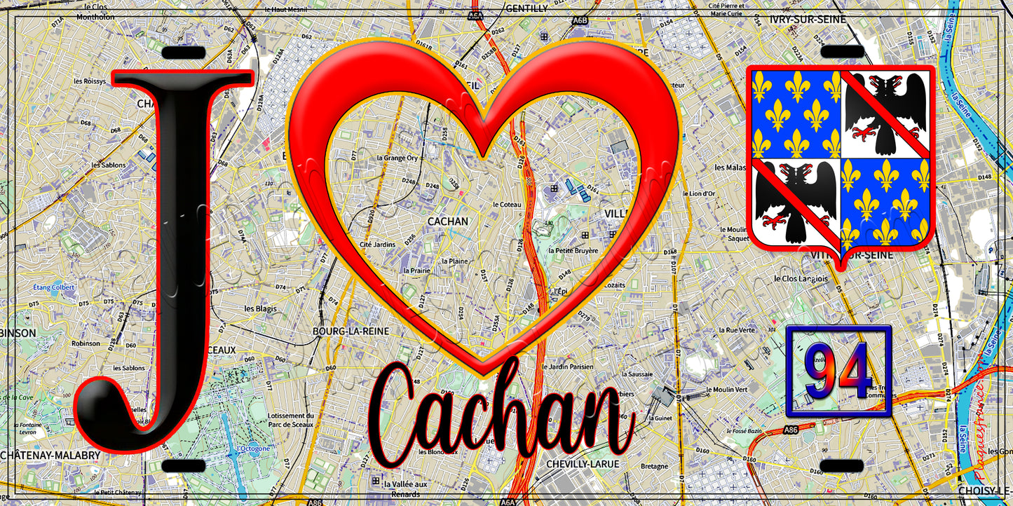 Plaque métal décorative  J' ❤️Cachan, Val de Marne (94) fond carte