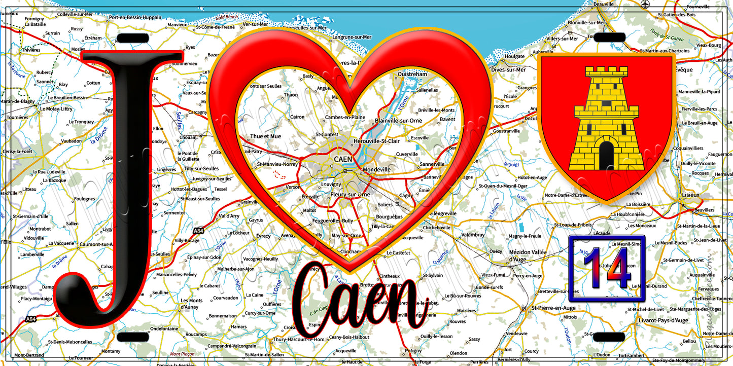 Plaque métal décorative J' ❤️ Caen, Calvados, (14)