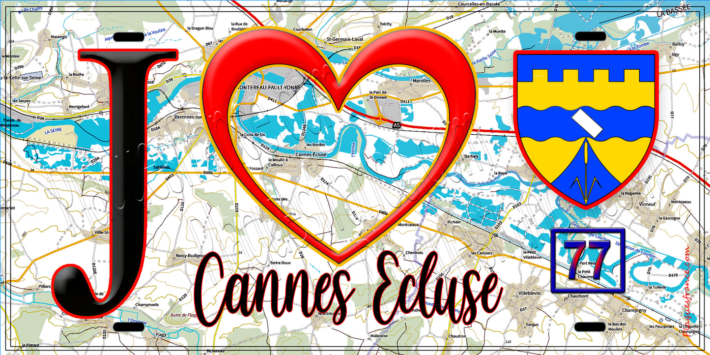 Plaque métal décorative  J' ❤️Cannes-Écluse, Seine et Marne (77) fond carte