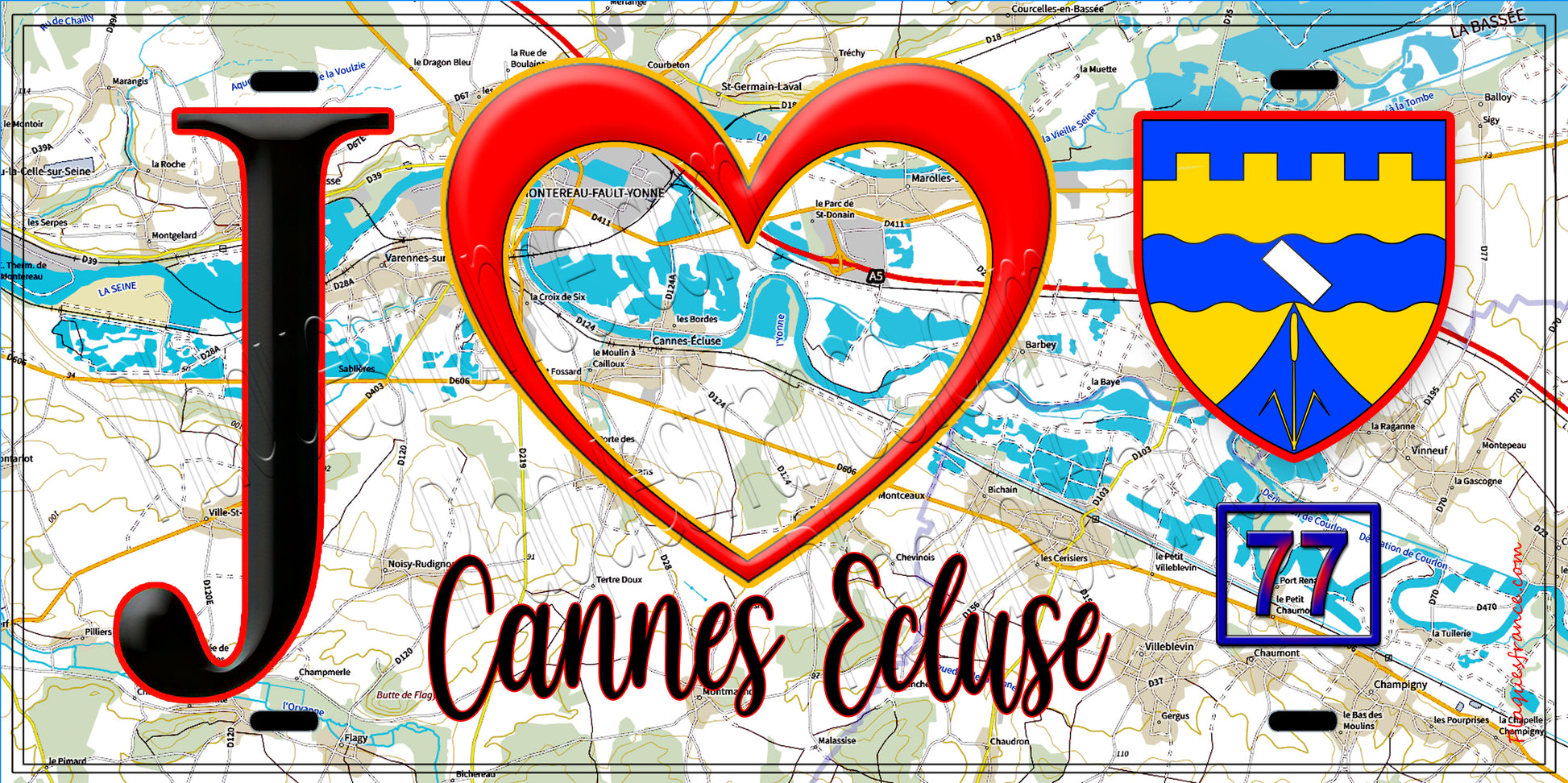 Plaque métal décorative  J' ❤️Cannes-Écluse, Seine et Marne (77) fond carte