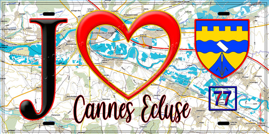 Plaque métal décorative  J' ❤️Cannes-Écluse, Seine et Marne (77) fond carte