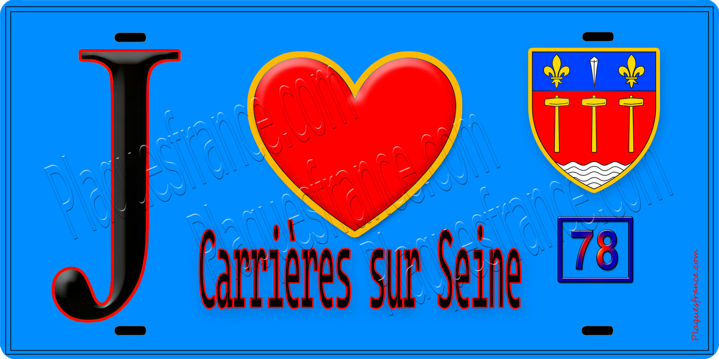 Plaque métal décorative  J' ❤️ Carrières-sur-Seine, Yvelines (78) fond bleu