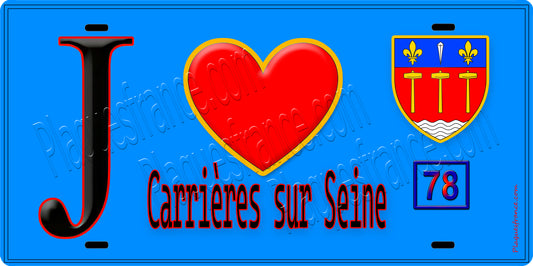 Plaque métal décorative  J' ❤️ Carrières-sur-Seine, Yvelines (78) fond bleu