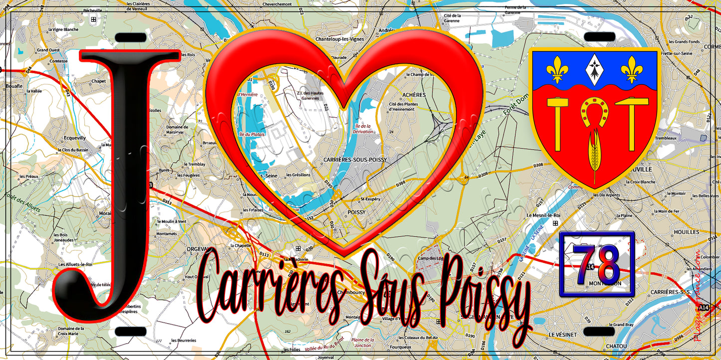 Plaque métal décorative  J' ❤️ Carrières-sous-Poissy, Yvelines (78) fond carte
