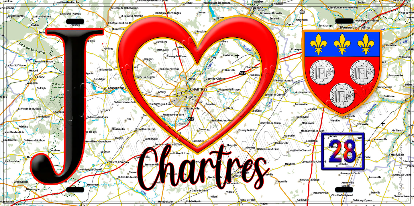 Plaque métal décorative  J' ❤️ Chartres, Eure et Loir (28) fond carte