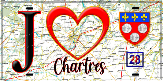 Plaque métal décorative  J' ❤️ Chartres, Eure et Loir (28) fond carte