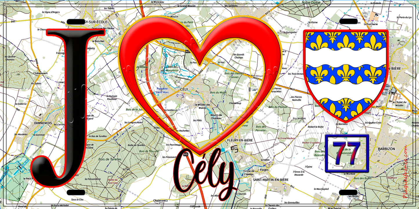 Plaque métal décorative  J' ❤️Cély, Seine et Marne (77) fond carte