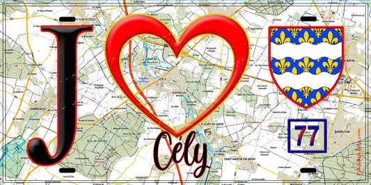 Plaque métal décorative  J' ❤️Cély, Seine et Marne (77) fond carte