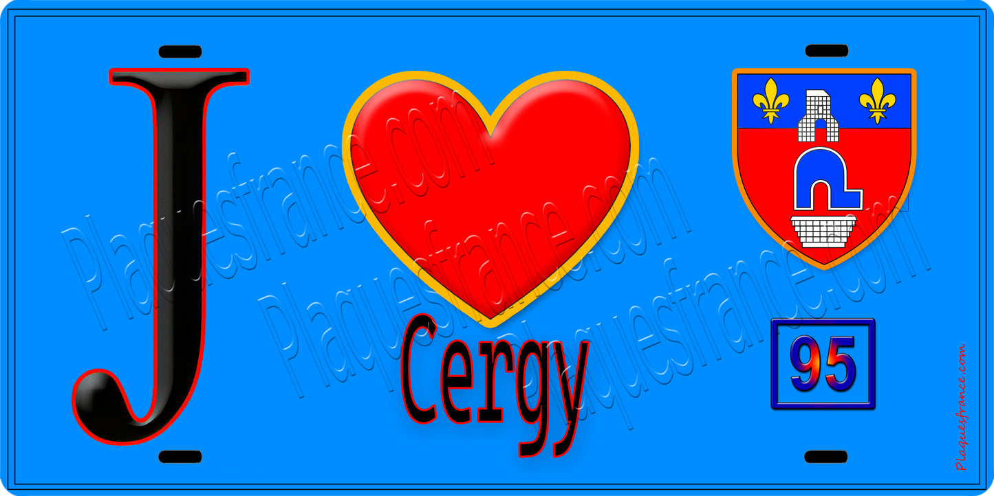 Plaque métal décorative  J' ❤️Cergy, Val d'Oise (95) fond beu 