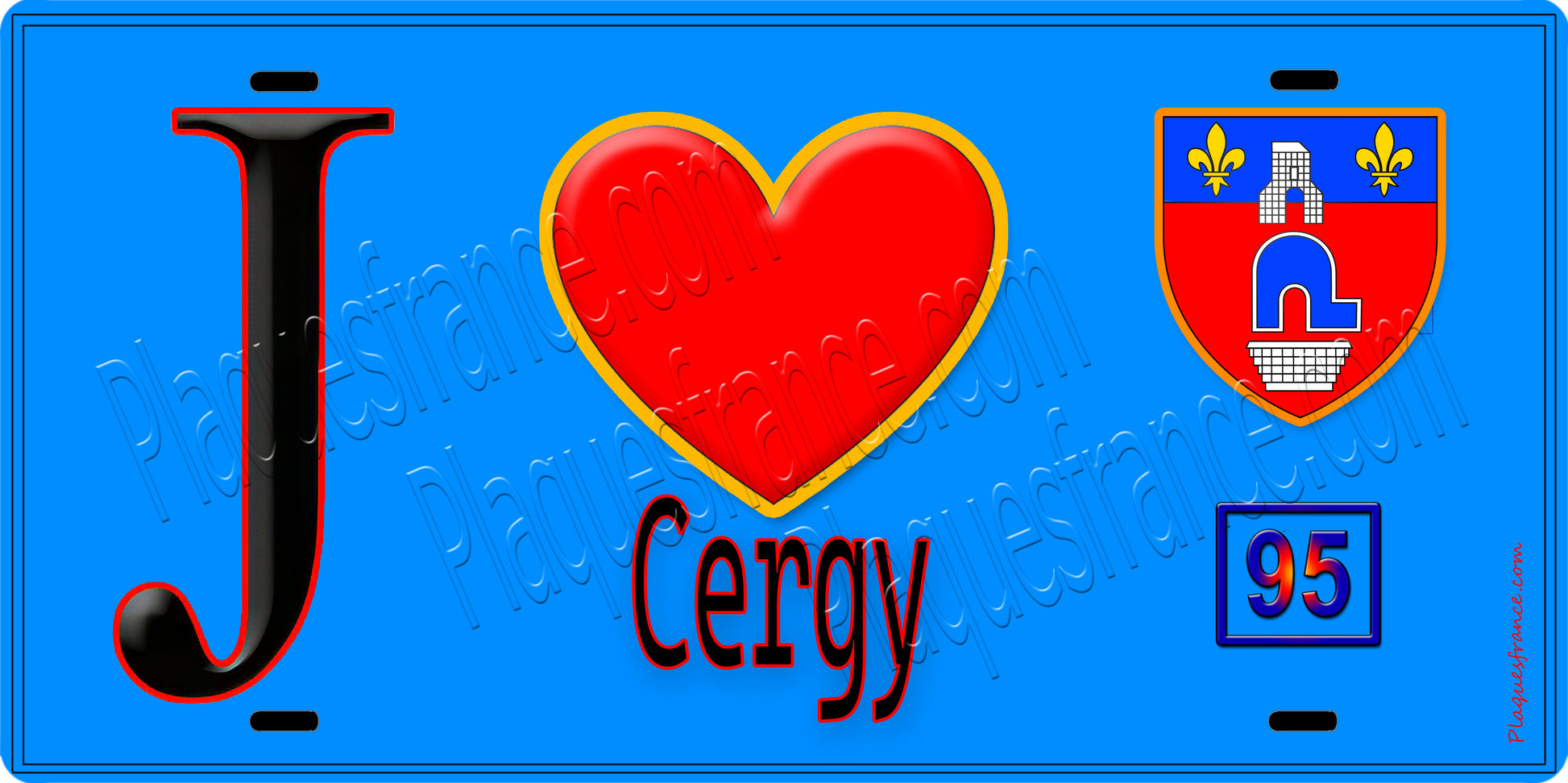 Plaque métal décorative  J' ❤️Cergy, Val d'Oise (95) fond beu 
