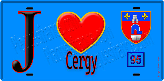 Plaque métal décorative  J' ❤️Cergy, Val d'Oise (95) fond beu 