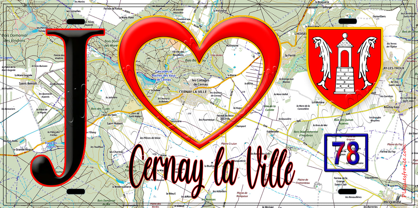 Plaque métal décorative  J' ❤️ Cernay-la-Ville, Yvelines (78) fond carte