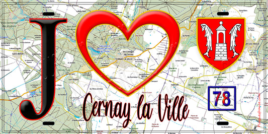 Plaque métal décorative  J' ❤️ Cernay-la-Ville, Yvelines (78) fond carte