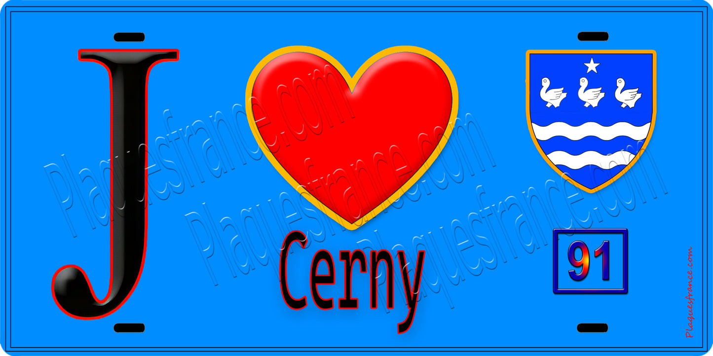 Plaque métal décorative  J' ❤️Cerny, Essonne (91) fond bleu