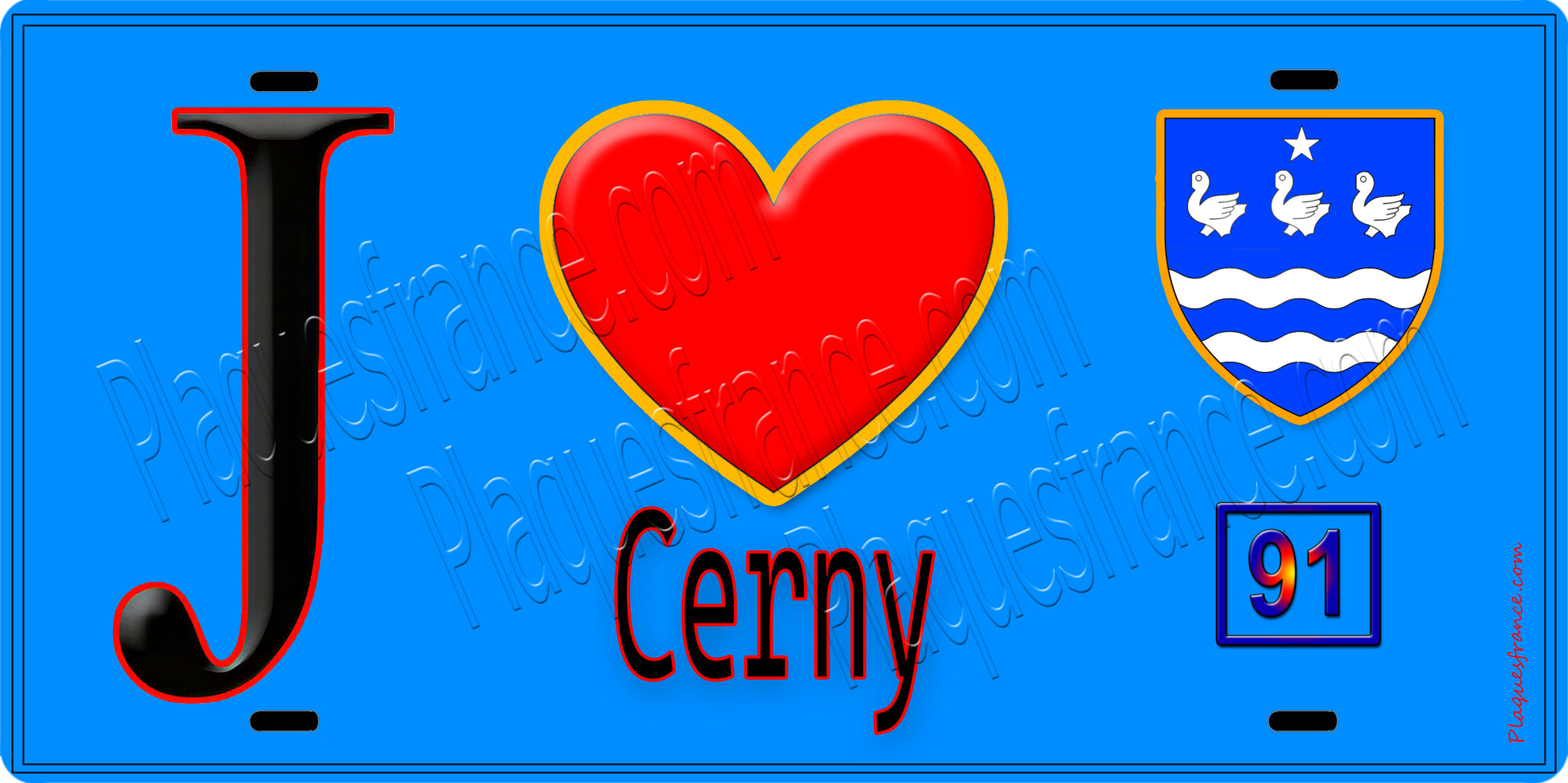 Plaque métal décorative  J' ❤️Cerny, Essonne (91) fond bleu