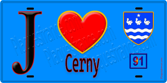 Plaque métal décorative  J' ❤️Cerny, Essonne (91) fond bleu