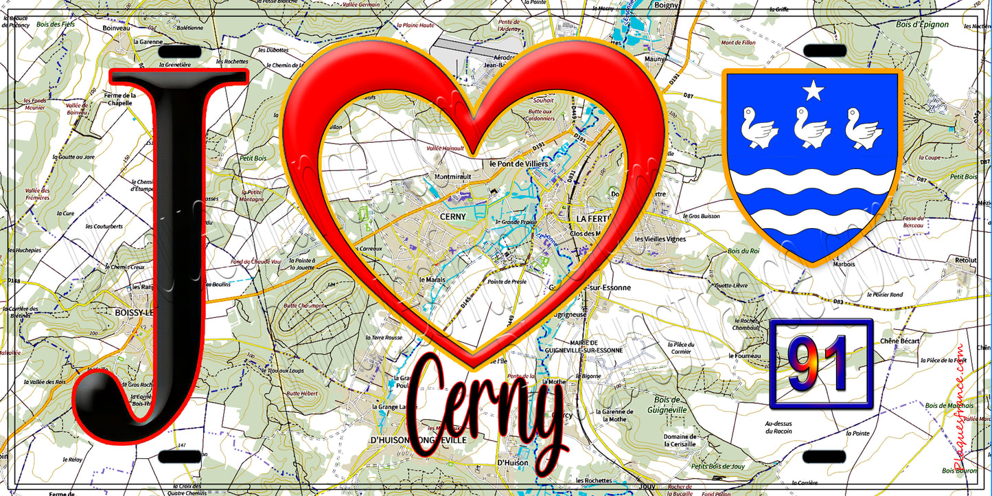 Plaque métal décorative  J' ❤️Cerny, Essonne (91) fond carte