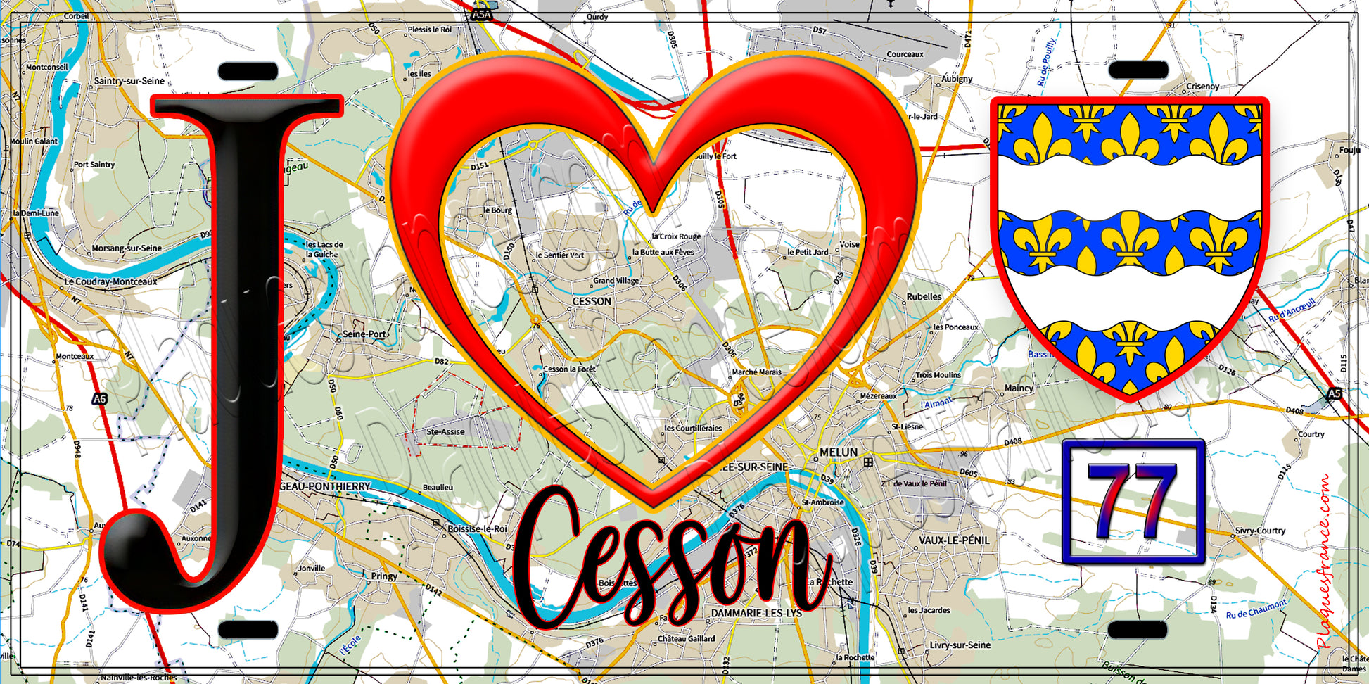 Plaque métal décorative  J' ❤️Cesson, Seine et Marne (77) fond carte