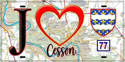 Plaque métal décorative  J' ❤️Cesson, Seine et Marne (77) fond carte