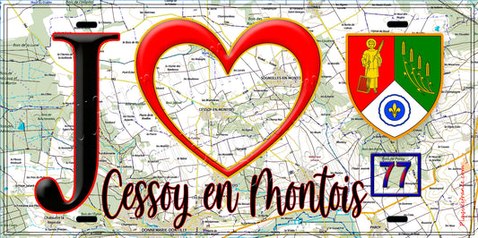 Plaque métal décorative  J' ❤️Cessoy-en-Montois, Seine et Marne (77) fond carte