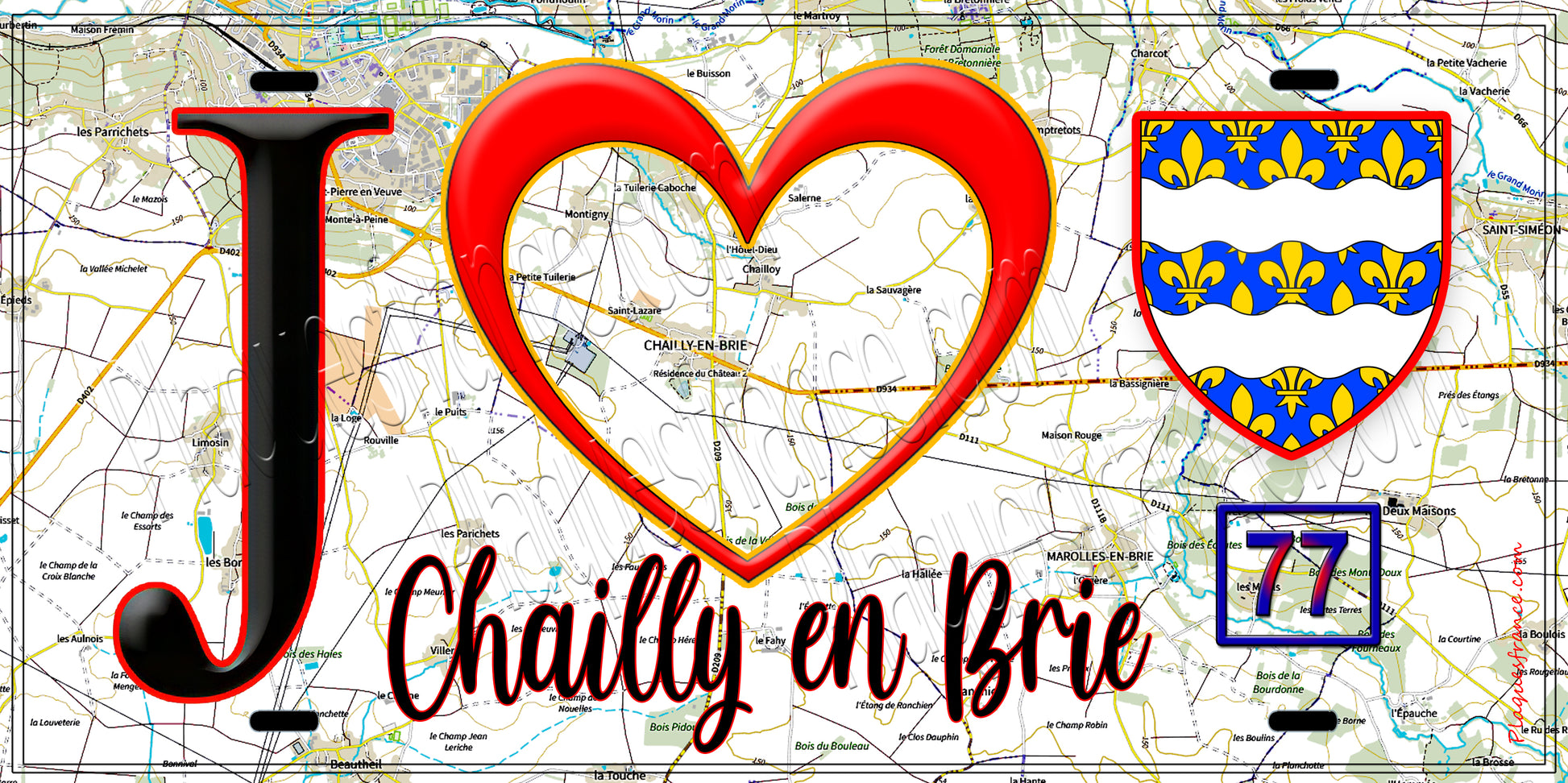 Plaque métal décorative  J' ❤️Chailly-en-Brie, Seine et Marne (77) fond carte