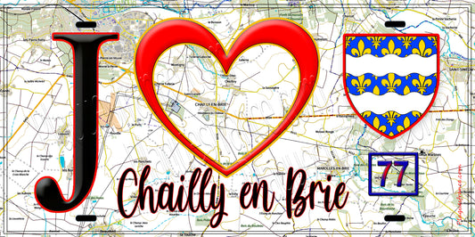 Plaque métal décorative  J' ❤️Chailly-en-Brie, Seine et Marne (77) fond carte
