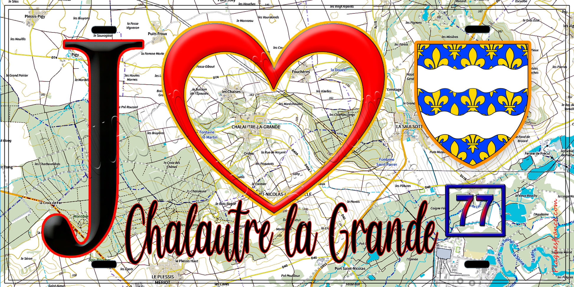 Plaque métal décorative  J' ❤️Chalautre-la-Grande, Seine et Marne (77) fond carte