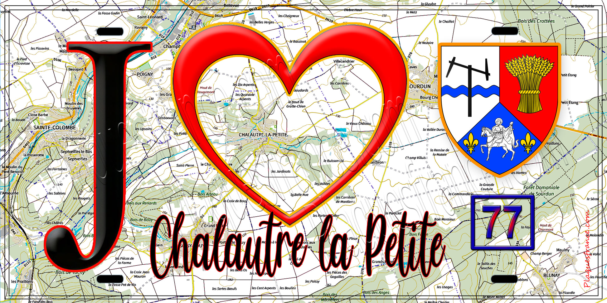 Plaque métal décorative  J' ❤️Chalautre-la-Petite, Seine et Marne (77) fond carte