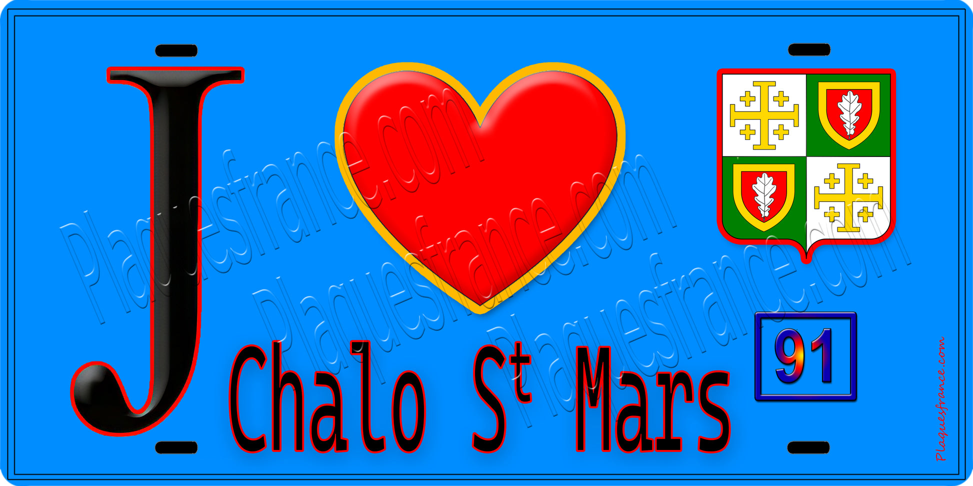 Plaque métal décorative  J' ❤️Chalo-Saint-Mars, Essonne (91) fond bleu