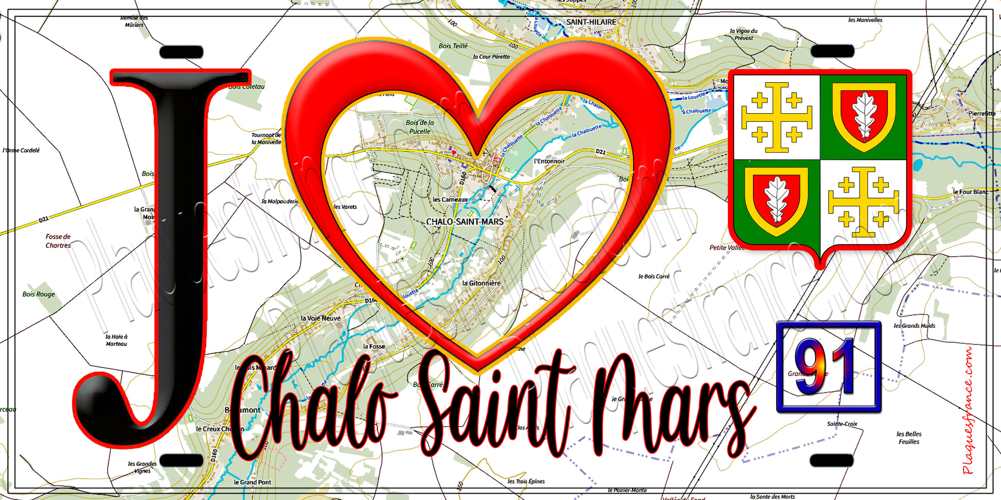 Plaque métal décorative  J' ❤️Chalo-Saint-Mars, Essonne (91) fond carte