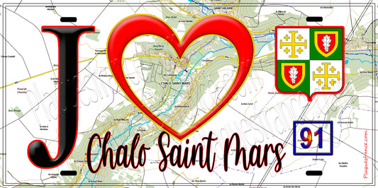 Plaque métal décorative  J' ❤️Chalo-Saint-Mars, Essonne (91) fond carte