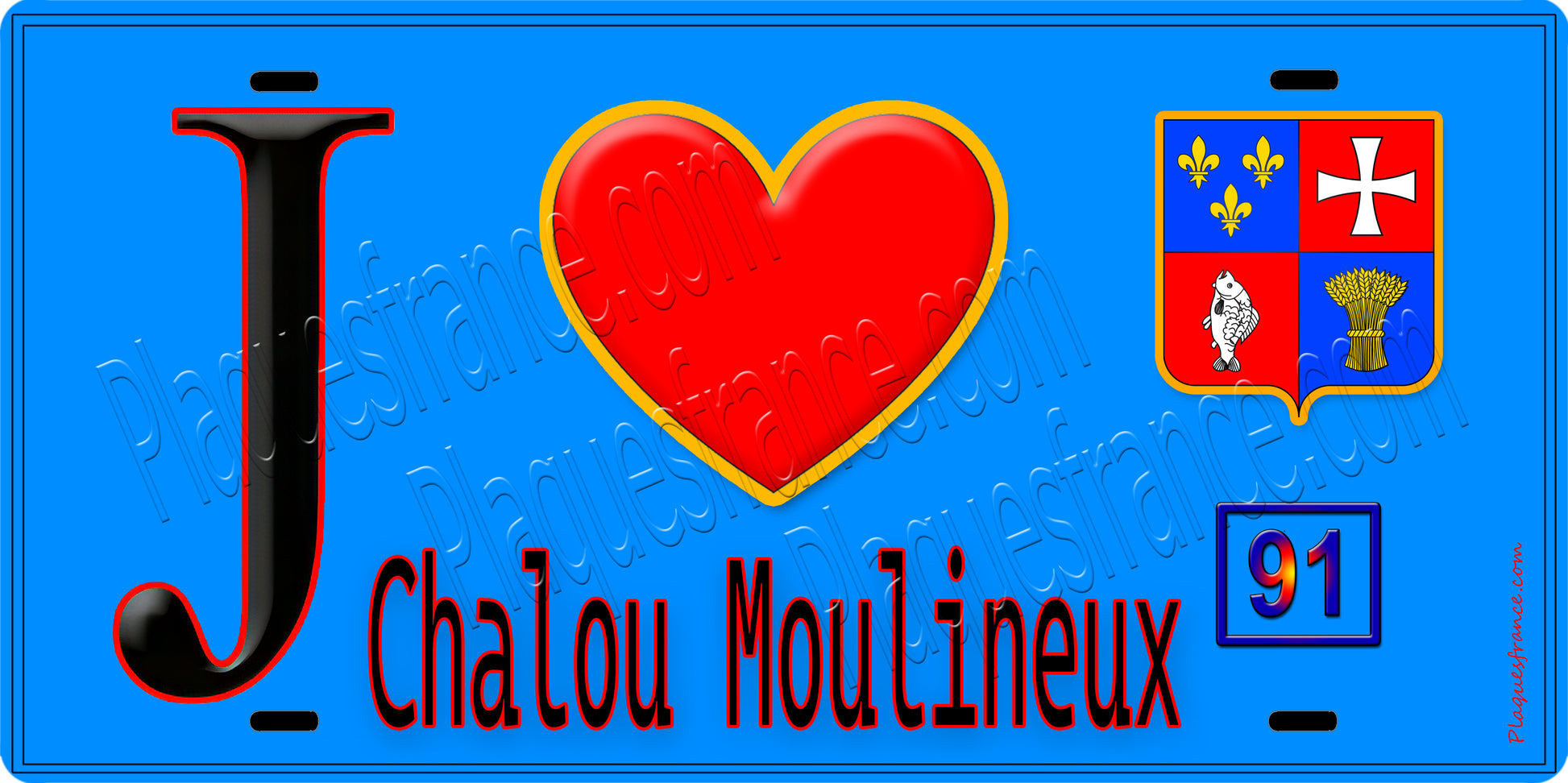 Plaque métal décorative  J' ❤️Chalou-Moulineux, Essonne (91) fond bleu