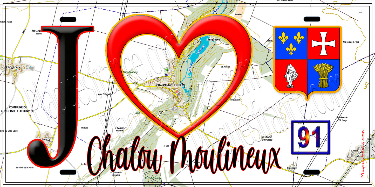 Plaque métal décorative  J' ❤️Chalou-Moulineux, Essonne (91) fond carte