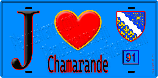 Plaque métal décorative  J' ❤️Chamarande, Essonne (91) fond bleu