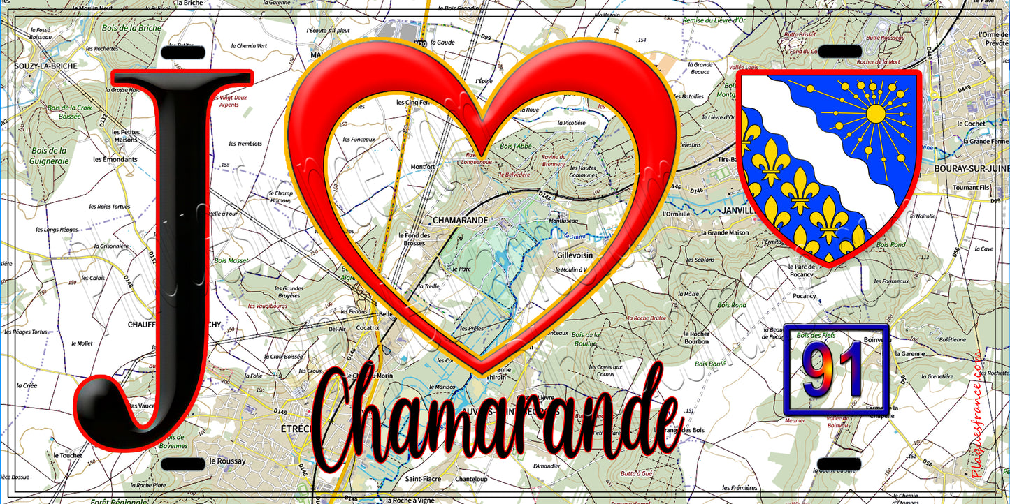 Plaque métal décorative  J' ❤️Chamarande, Essonne (91) fond carte