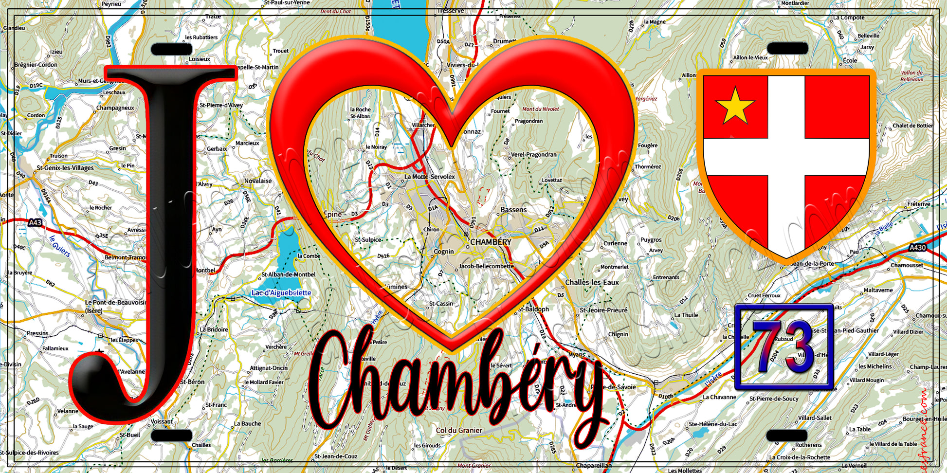 Plaque métal décorative  J' ❤️ Chambéry, Savoie (73) fond carte