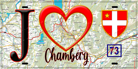 Plaque métal décorative  J' ❤️ Chambéry, Savoie (73) fond carte