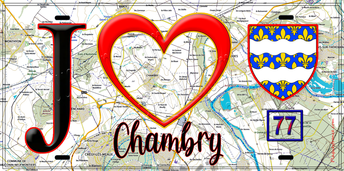 Plaque métal décorative  J' ❤️Chambry, Seine et Marne (77) fond carte