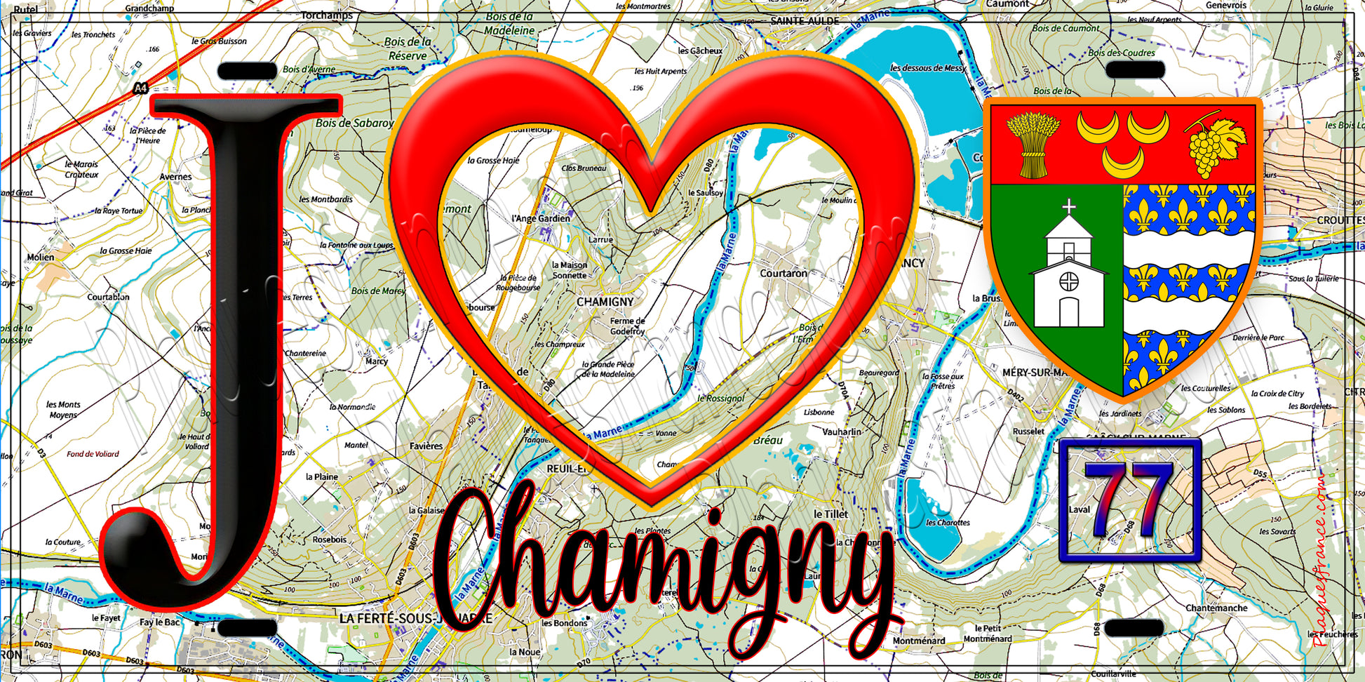 Plaque métal décorative  J' ❤️Chamigny, Seine et Marne (77) fond carte