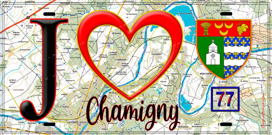 Plaque métal décorative  J' ❤️Chamigny, Seine et Marne (77) fond carte