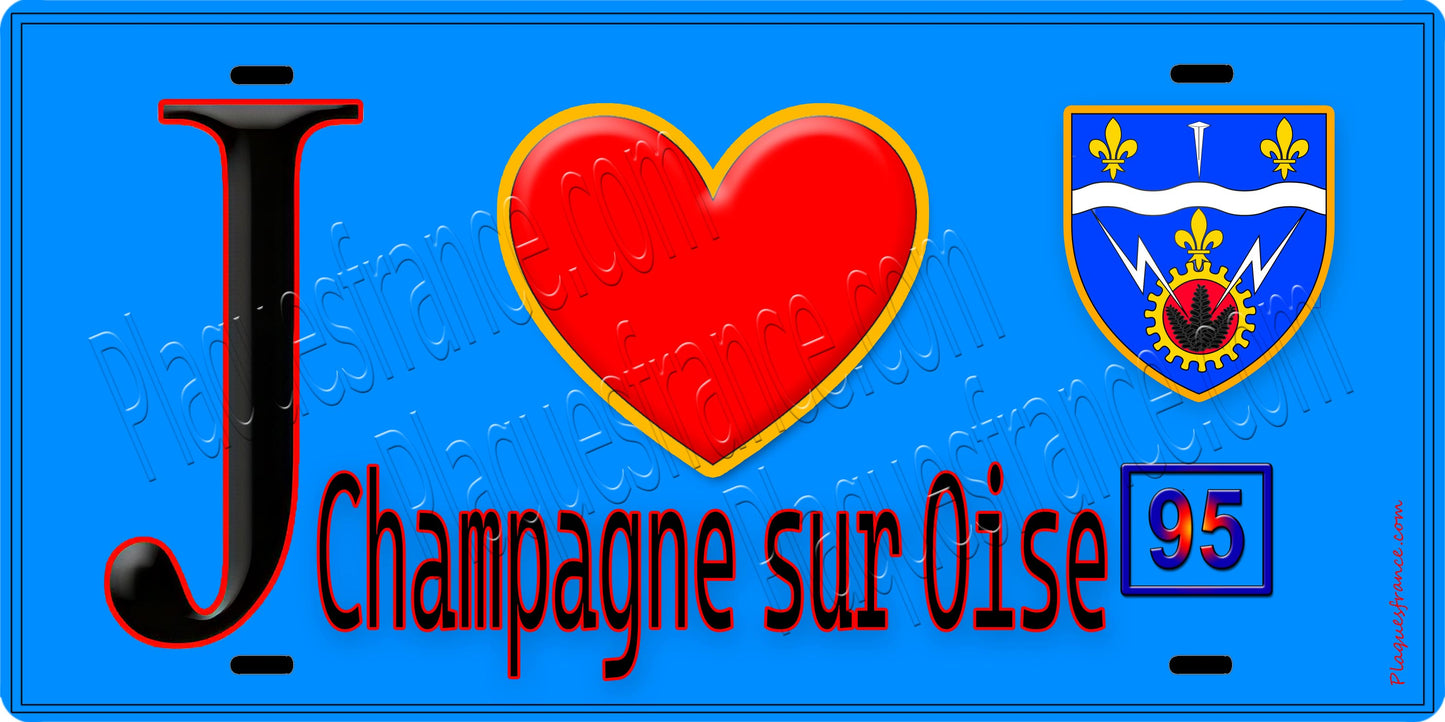 Plaque métal décorative  J' ❤️Champagne-sur-Oise, Val d'Oise (95) fond bleu