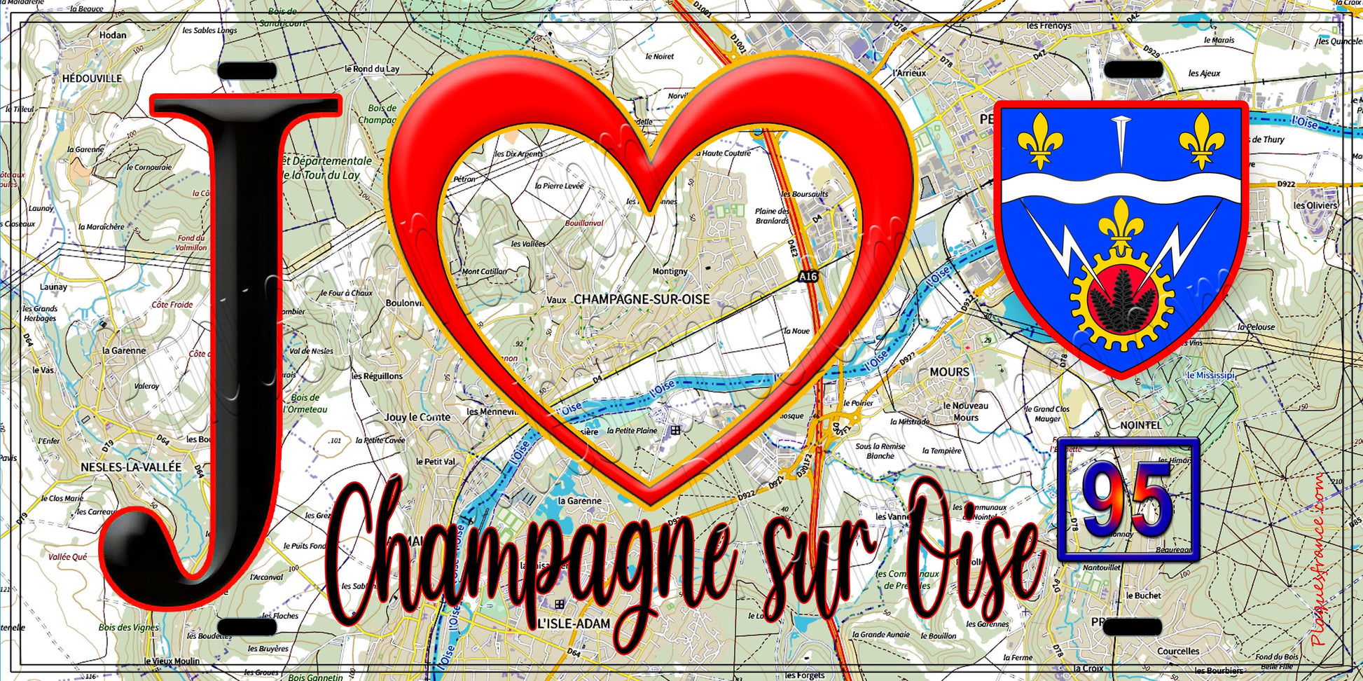 Plaque métal décorative  J' ❤️Champagne-sur-Oise, Val d'Oise (95) fond carte
